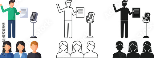 Presentation speaker giving speech to audience with microphone vector illustration set design