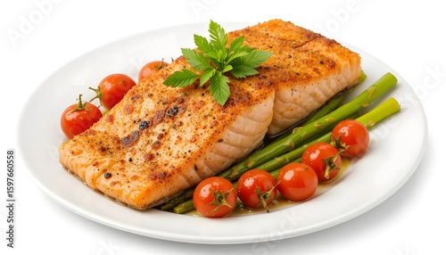 Fried Salmon on white plate with Asparagus and Cherry Tomatoes isolated on white background