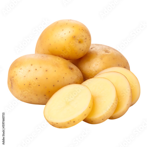 Freshly harvested whole potatoes and sliced potatoes isolated on transparent background