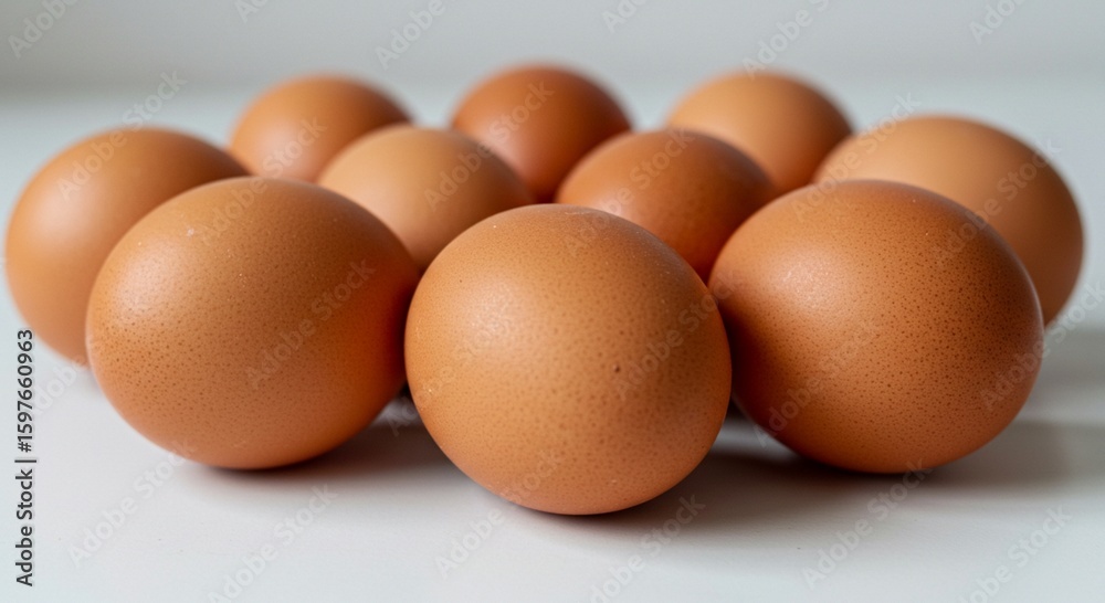 Brown eggs clustered on white surface Brown eggs clustered on white surface