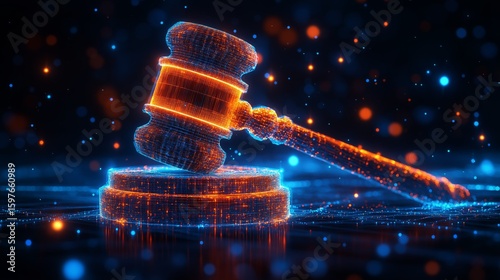 Digital Justice Theme with Bright Orange Gavel and Blue Tech Particle Web
