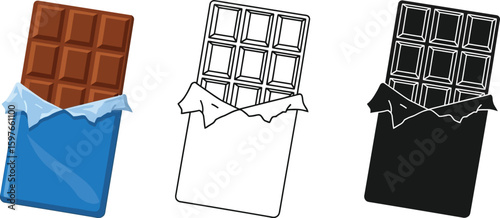 Chocolate bar vector graphics: milk chocolate, dark chocolate and outline chocolate bar illustration