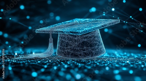 Futuristic Digital Graduation Cap with Glowing Network and Copy Space Background
