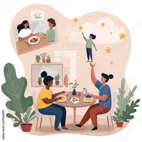 Diverse friends share meals and aspirations, reaching for stars in a warm, inviting atmosphere