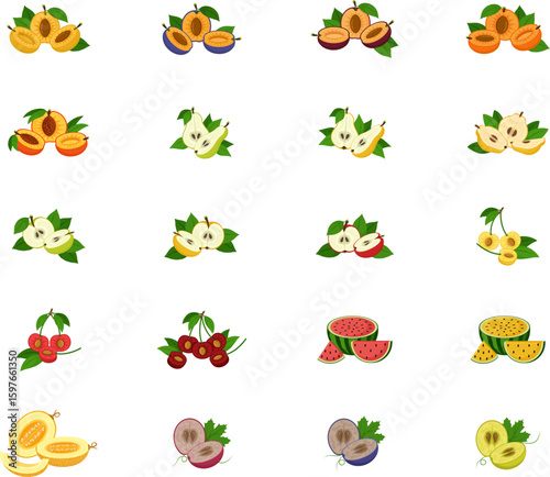 Halved homegrown fruits – flat vector illustrations on white background. Fruit set