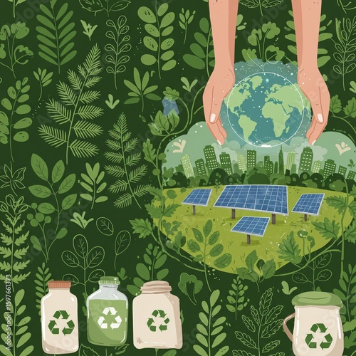 Hands cradle Earth above solar panels and city, symbolizing eco-friendly future and sustainability.