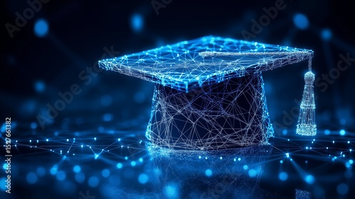 Blue Glowing Digital Graduation Cap on Abstract Dark Technology Background