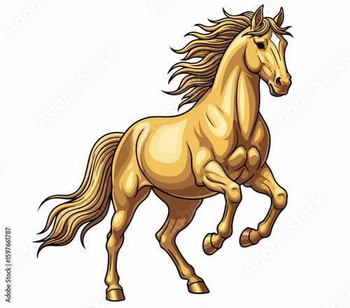 Majestic golden horse prancing with flowing mane and powerful build, symbolizing strength and vitality. Golden horse represents abundance and prosperity in celebrations.