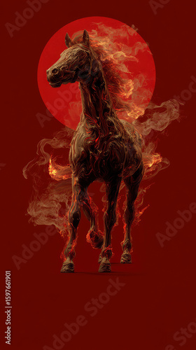 Symmetrical fantasy horse composed of fire and smoke, standing in front of stylized red Rising Sun, bold 2026 typo