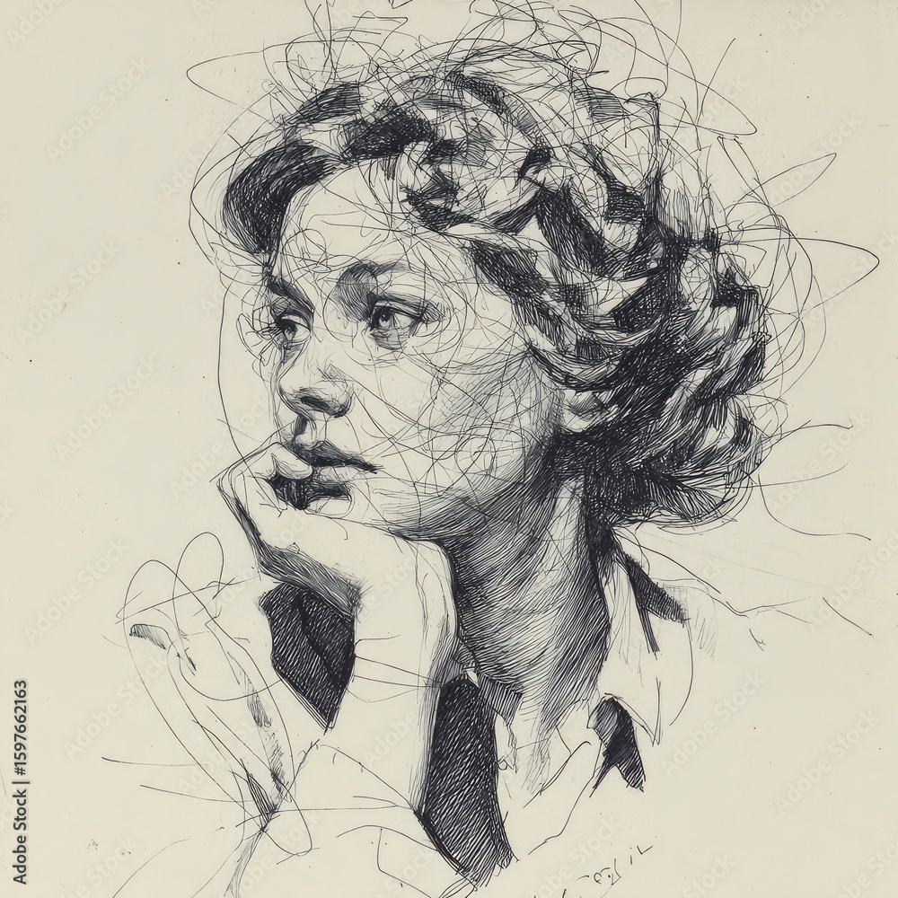 Fototapeta premium Sophisticated scribble portrait of a thoughtful woman in three-quarter view, chin resting on hand, abstract lines