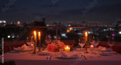 Romantic candlelit dinner on a balcony overlooking a city at night under a starry sky.