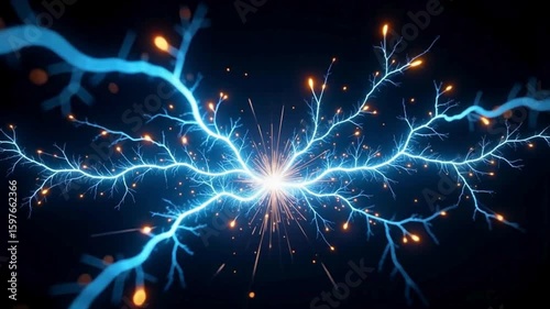 A bright explosion of light with blue tendrils emanating outwards on a dark black background
