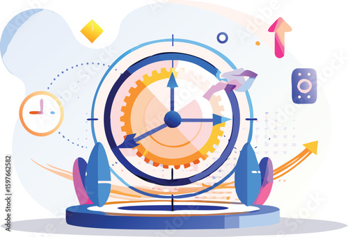 Clockwork mechanism with arrows and platform suggesting time management and efficiency focus concept