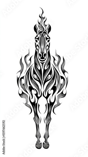 Stylized tribal horse made of bold black ink lines and flame shapes, symmetrical design, fire elements