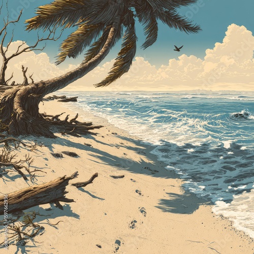 Beach scene for interactive game illustration, fine detailed outline of windswept palm tree, rolling tide with foam