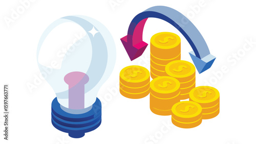 Isometric lightbulb and stacks of coins with a curved arrow representing idea monetization process
