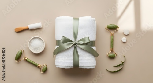Luxurious spa gift set featuring a white towel with green ribbon, jade rollers, bath salts, and facial cleansing tools for ultimate relaxation and self-care.