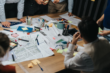 A multiracial business team collaborates on project solutions during a late evening brainstorming session. They analyze plans and share ideas around a conference table filled with maps and stationery.