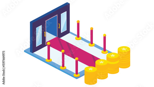 Isometric illustration of a red carpet leading to a door with gold coins and stanchions