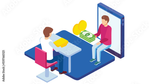 Isometric view of a person receiving money from a person on a phone screen at a table setup