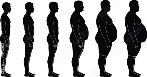 Human silhouette body transformation, weight gain progression stages, obesity impact, fitness journey, medical anatomy, lifestyle health evolution, healthcare concept
