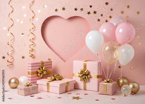 A Romantic Celebration of Gifts and Balloons: A delicate scene, heart-shaped backdrop, various gift boxes, balloons, stars, and ribbons come together in a celebration.