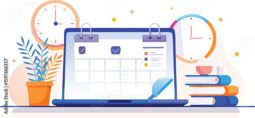 Illustration of a laptop showing a calendar with clocks, books and a potted plant around it