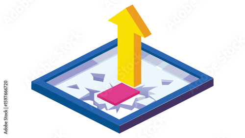 Yellow arrow emerging from a cracked surface with a pink square in an isometric perspective view