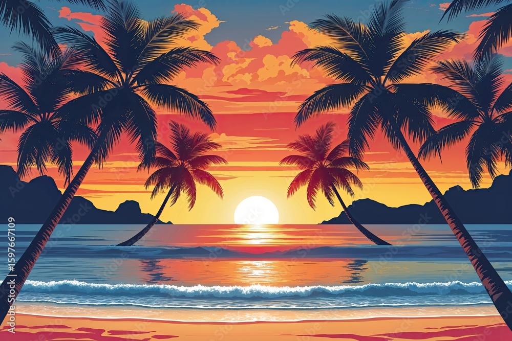 Fototapeta premium Tropical Beach Sunset Palm Trees Vector Background Relaxing Vibes