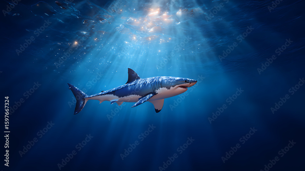 Obraz premium Shark swimming underwater with sunlight rays shining through, deep sea wildlife scene, ocean predator in natural habitat.