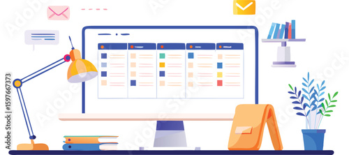 Illustration of a computer monitor displaying a project management board on a desk setup scene