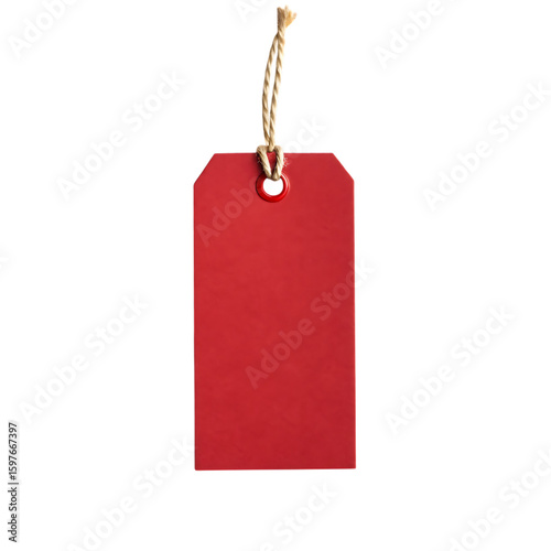 A single bright red rectangular paper gift tag with a natural twine string isolated on transparent background