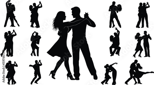Silhouettes of couples performing elegant ballroom and Latin dance poses, tango, salsa, waltz, festive movement, celebration, black and white illustration