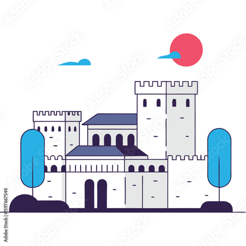Alhambra (Spain) - Stylized illustration of a medieval castle with towers battlements arched windows and a setting sun
