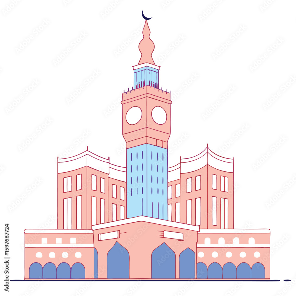 Obraz premium Stylized illustration of the makkah royal clock tower a prominent landmark in saudi arabia featuring a crescent moon