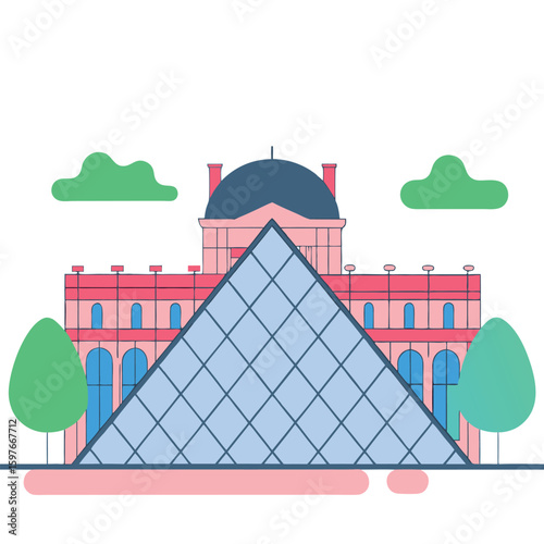 Louvre Pyramid (France) - Stylized flat illustration of the iconic louvre museum in paris featuring its famous glass pyramid entrance and surrounding greenery
