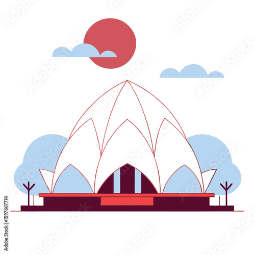 Stylized flat illustration of the lotus temple in delhi india under a red sun and blue clouds
