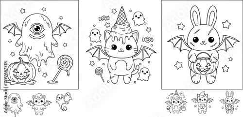 Halloween coloring pages cute kawaii monster ghost cat bunny bat wings pumpkin candy for kids and adults fun activity