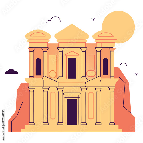 Iconic nabataean treasury facade in petra jordan carved into rose red cliffs under a sunny sky