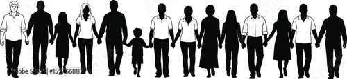 Silhouettes of diverse people holding hands, unity, togetherness, friendship, community support, solidarity, family bond, black and white illustration