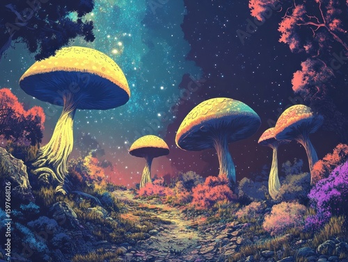 Photo of a dreamlike alien environment illustrated in a striking vector art style