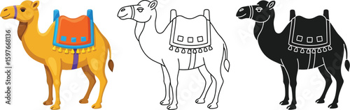 Cartoon camel vector illustration set with saddle for desert travel and animal themes drawing design