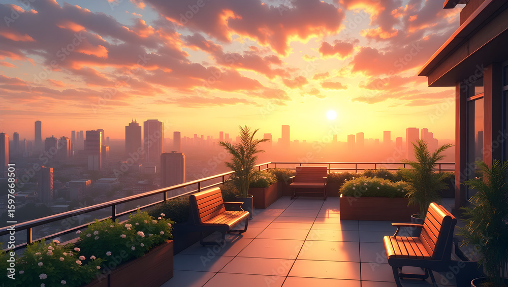 Fototapeta premium University Building Golden hour anime-style rooftop garden above a university, with benches, planters, and distant city skyline. (1).jpg