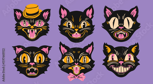 Various Cat portraits. Different faces, emotions. Retro, vintage, traditional tattoo style. Hand drawn trendy Vector illustration. Isolated design elements. Print, sticker, logo, avatar templates