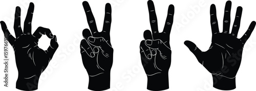 Silhouettes of hand gestures, OK sign, peace symbol, victory pose, open palm, communication concept, non-verbal message, black and white illustration