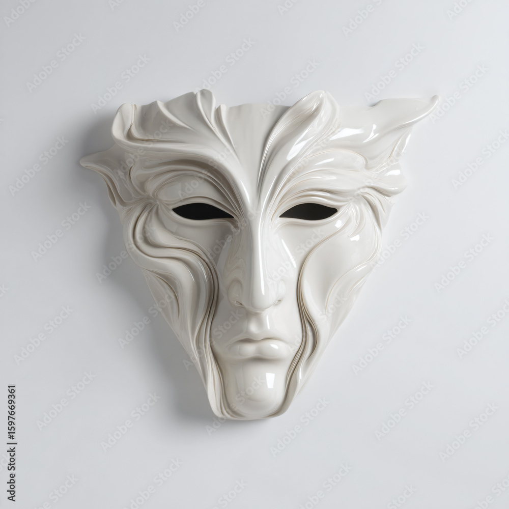 Naklejka premium Ceramic Mask White Art Design Smooth Curves Handmade Ornamental Detailed Unique Expression Interior Wall Decorative Abstract Home Minimalism 