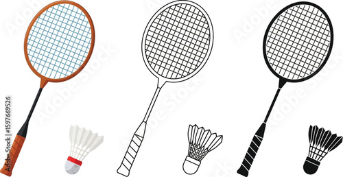 Badminton rackets and shuttlecocks vector illustration set for sports equipment and game design use