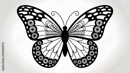 Intricate black and white mandala butterfly with detailed floral and circular patterns