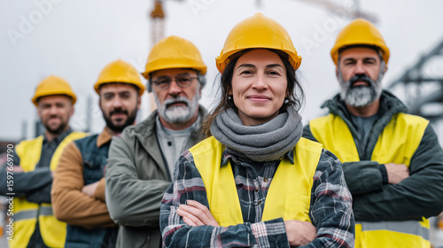 Group of Confident Construction Professionals in Branded Safety Helmets and Vests Posing at Job Site, Diverse Team Representing Skilled Labor Force in Industrial Construction Sector