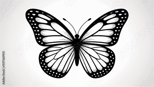 Monochrome hand drawn butterfly wings in a sketch style on a white background